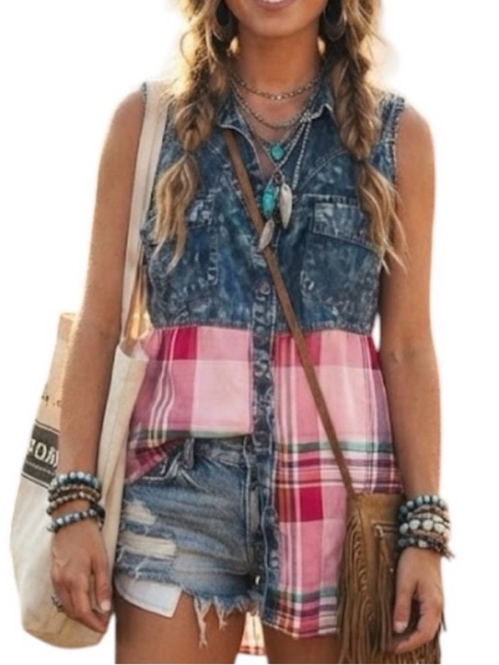 WAREHOUSE ONE Plaid Denim Mixed Media Button Down Shirt Medium Casual Grunge